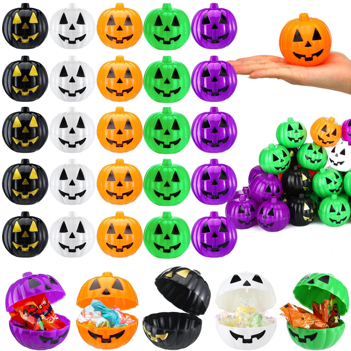 Lallisa 120 Pcs Halloween Pumpkin Containers Plastic Storage Box Case Bulk, Mini Pumpkin Egg Candy Gift Bucket for Halloween Trick Treat Decoration Party Supplies(Black, Orange, White, Purple, Green)