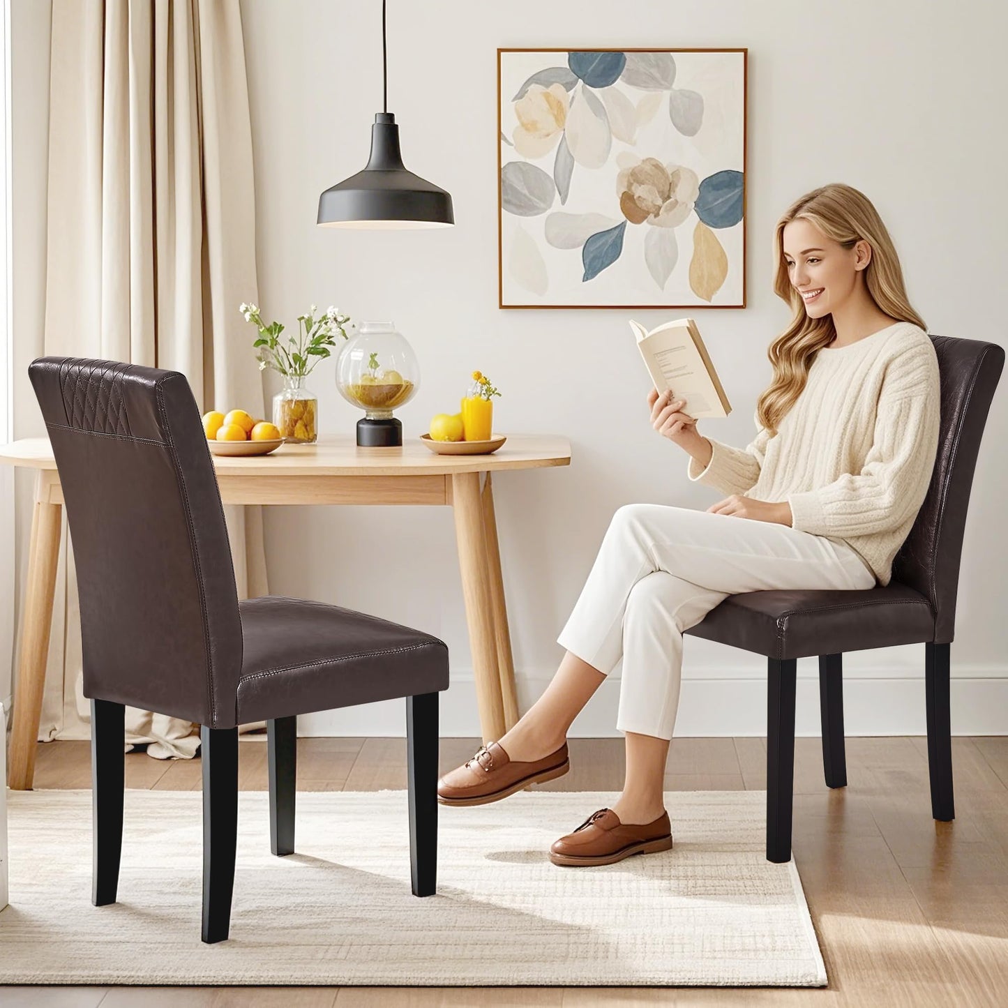 VECELO Dining Chairs Set of 6, Upholstered PU Leather Wood Legs High Back for Kitchen Living Room, Coffee
