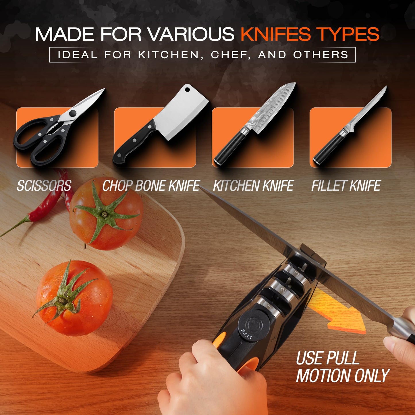 3-Step Knife & Scissor Sharpener with 5 Adjustable Angles, Manual, Pull Through for Kitchen, Chef, Pocket & Filet Knives, Tungsten, Diamond & Ceramic Rods for Repair, Restore & Polish, Non-Slip Base