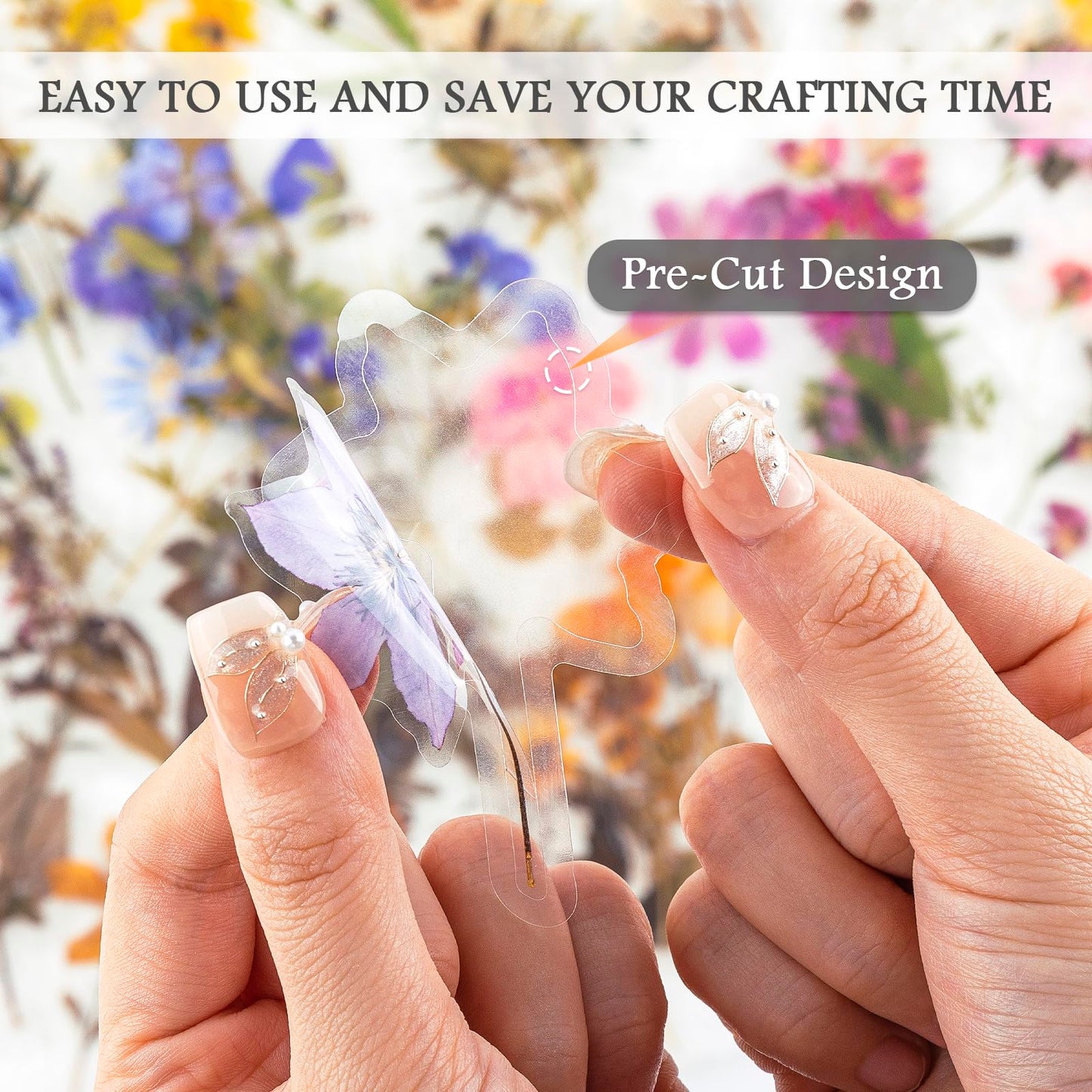 RISYPISY 320PCS Pre-Cut Floral Stickers Set Small Flower Decal Journal Stickers PET Flower Sticker for Adult Card Making Letters DIY, Double Blade Line-Easy to Peel