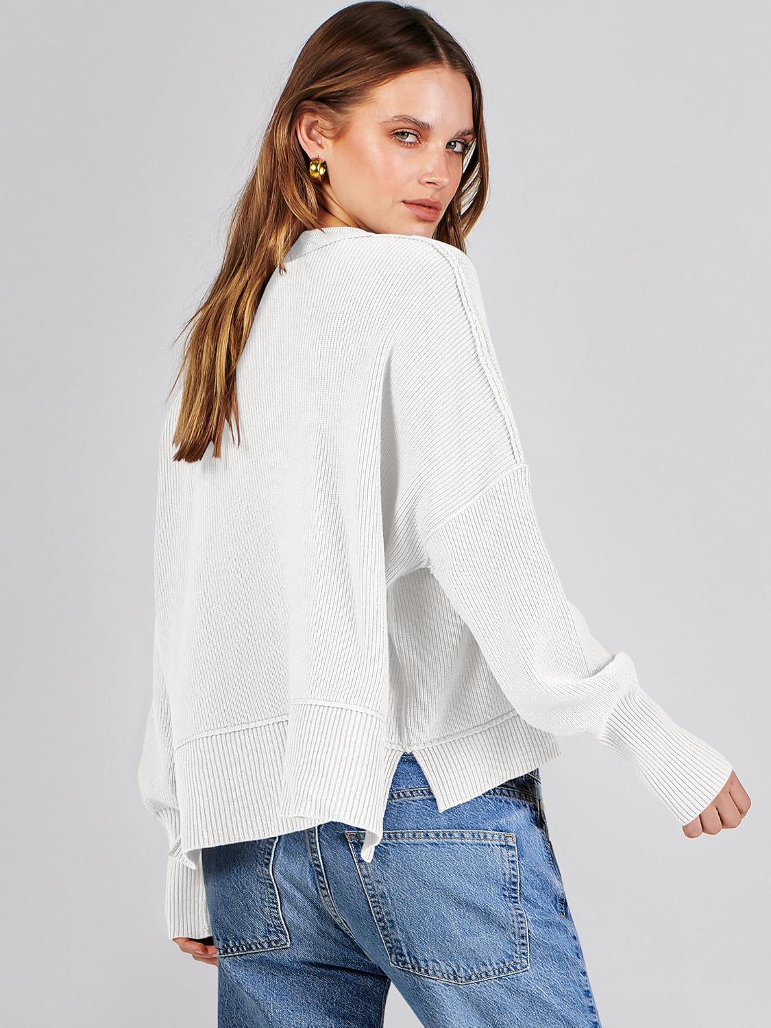 ANRABESS Womens Cropped Sweaters Oversized Crewneck Long Batwing Sleeve Side Slit Ribbed Knit Pullover Tops 2025 Fall Clothes