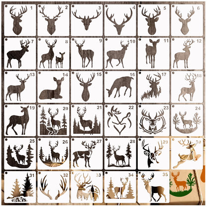 35 Pack Deer Stencils for Painting on Wood, Pine Tree Stencils Deer Head Antlers Stencil Forest Animal Template for DIY Craft Wall Fabric Rock Chalkboard Sign School Art Scrapbook Projects (Deer)