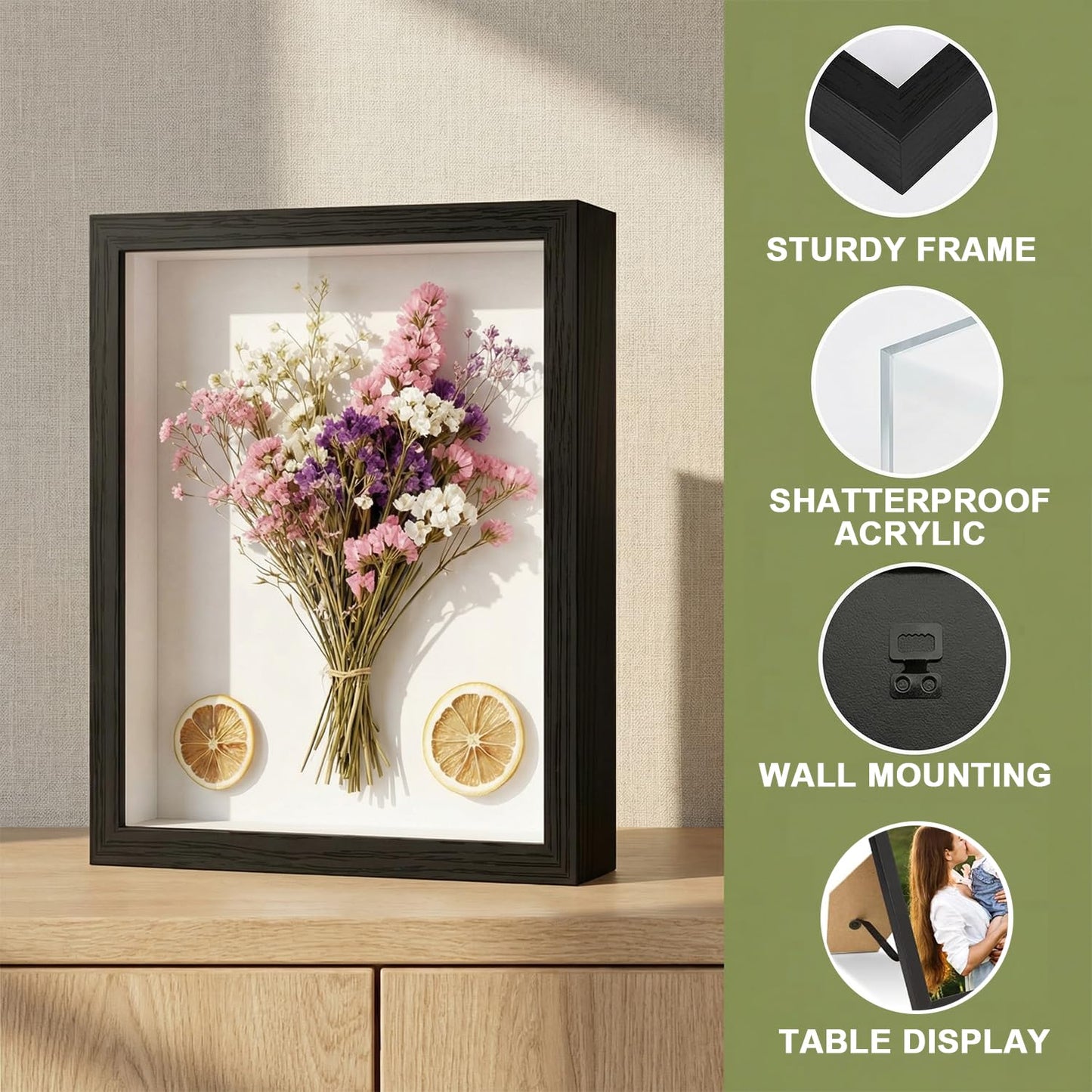 Black A4 Shadow Box Frame, 1.2 Inch Deep MDF Wood Shadow Box with Acrylic (Not Glass), Wall Mount & Tabletop Display Case for Dried Flowers, Medals, Memorial Keepsakes, Crafts