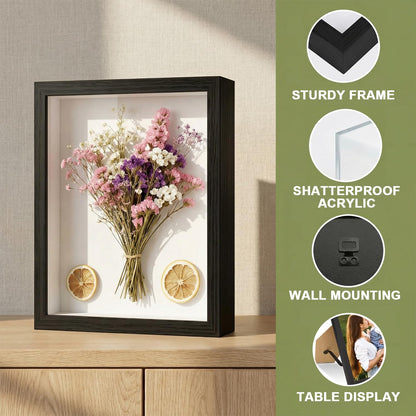 Black A4 Shadow Box Frame, 1.2 Inch Deep MDF Wood Shadow Box with Acrylic (Not Glass), Wall Mount & Tabletop Display Case for Dried Flowers, Medals, Memorial Keepsakes, Crafts