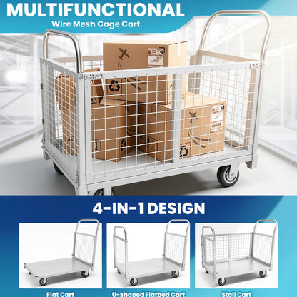 2600LBS Warehouse Cage Cart, Dual Height Handrail Rolling Cage Cart with Ergonomic Pull Handle, Heavy Duty Platform Truck Carts with Cage, Encrypted Mesh Anti-Dropping Guardrail Easy Assembly