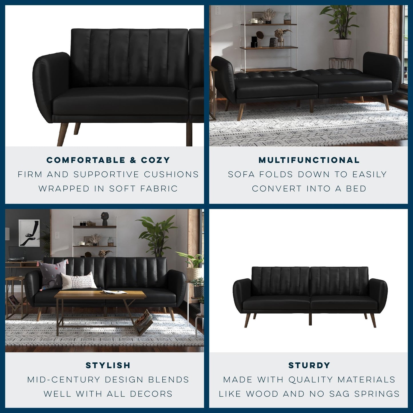 Novogratz Brittany 82 Inch Futon Sofa Bed in Faux Leather, Upholstered Couch Sleeper with Tufted Back, Mid-Century Modern Design, Black
