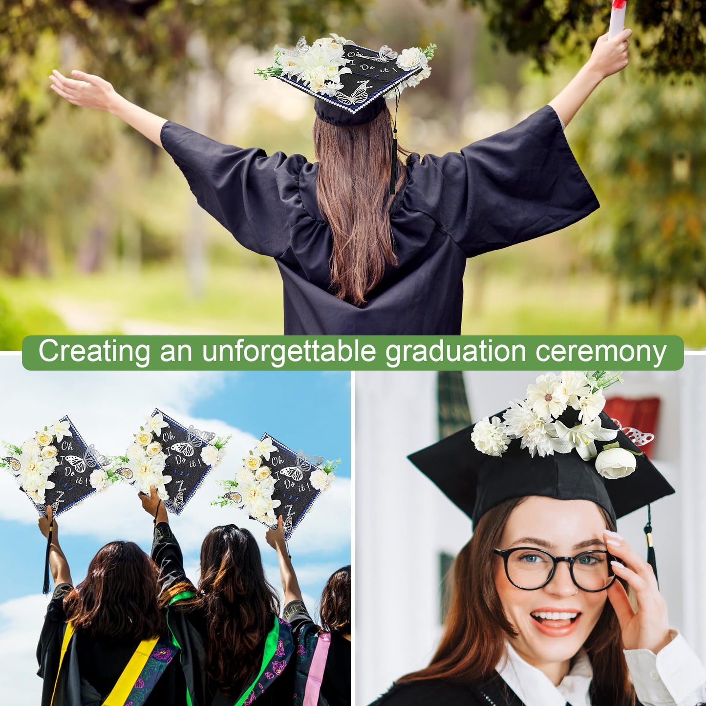 TKNOUS White Flower DIY Graduation Cap Decorations - Artificial Flower Heads, 3D Butterfly & Alphabet Letter Stickers, Glitter Paper for Art DIY Hat Grad Cap Topper