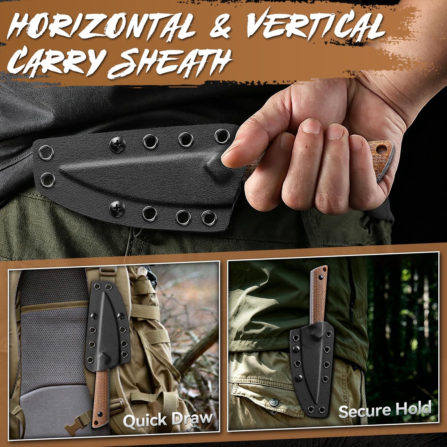 Purple Dragon Fixed Blade Knife with Sheath - D2 Steel Survival Knives with G10 Handle - Full Tang EDC Knife for Outdoor Bushcraft, Hiking - Fathers' Day Gift Idea - Brown