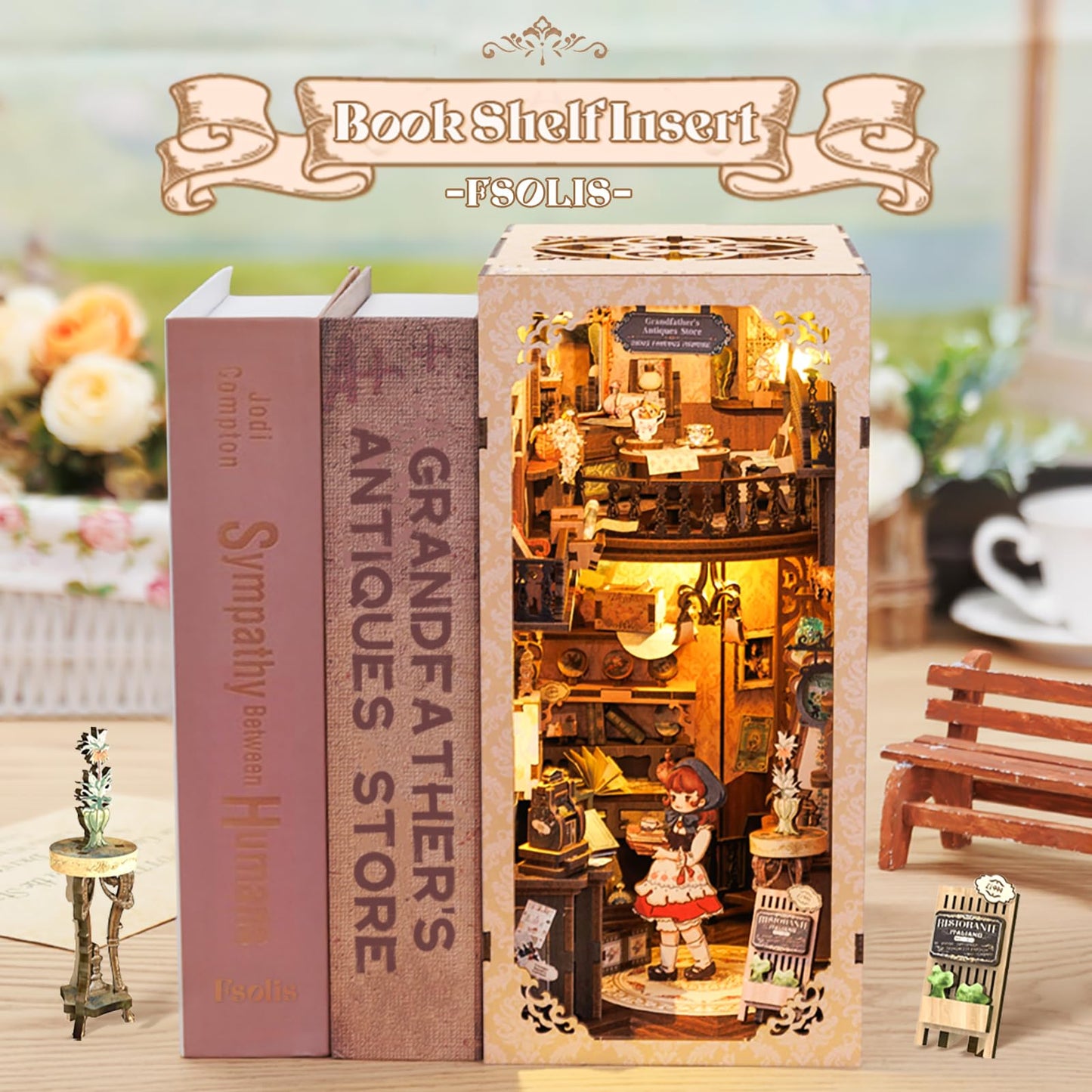 Fsolis Book Nook Kit -DIY Bookshelf Miniature Kit, Bookshelf Nook Decor Gifts for Women Book Lovers (Grandpa's Antiques Store)