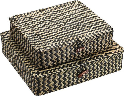 Hipiwe Woven Storage Basket Set - Natural Seagrass Bins with Lids for Home Decor | 2-Pack with Black Stripes