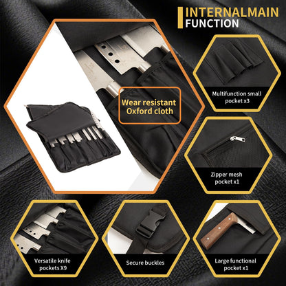 Chef Knife Roll Bag, Oxford Cloth knife bags for chefs professional, Portable 15 Slots chef bag With Zipper Close, With Adjustable Shoulder Strap knife carrying case Hold Home Kitchen Knife Tools