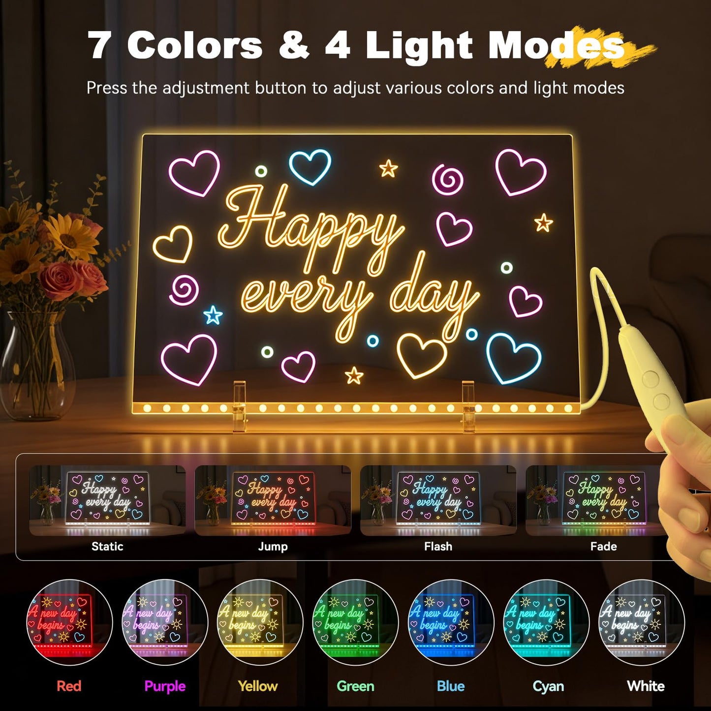 LED Drawing Board for Kids with 7 Colors - 16" Neon Light Up Glow Note Message Board Toys Includes Adapter, Christmas Bithday Gifts for Girls Ages 5-12
