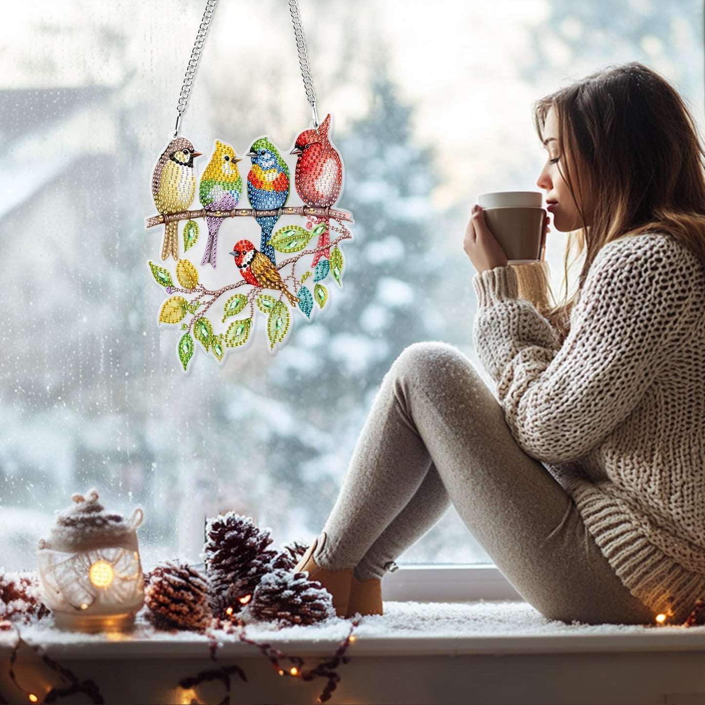 GHHKUD Hanging Diamond Art Cute Birds Pendants Kits, DIY Hanging Decoration Double Sided Branch Bird Diamond Painting Ornaments for Adults Kids Gifts for Home Decor