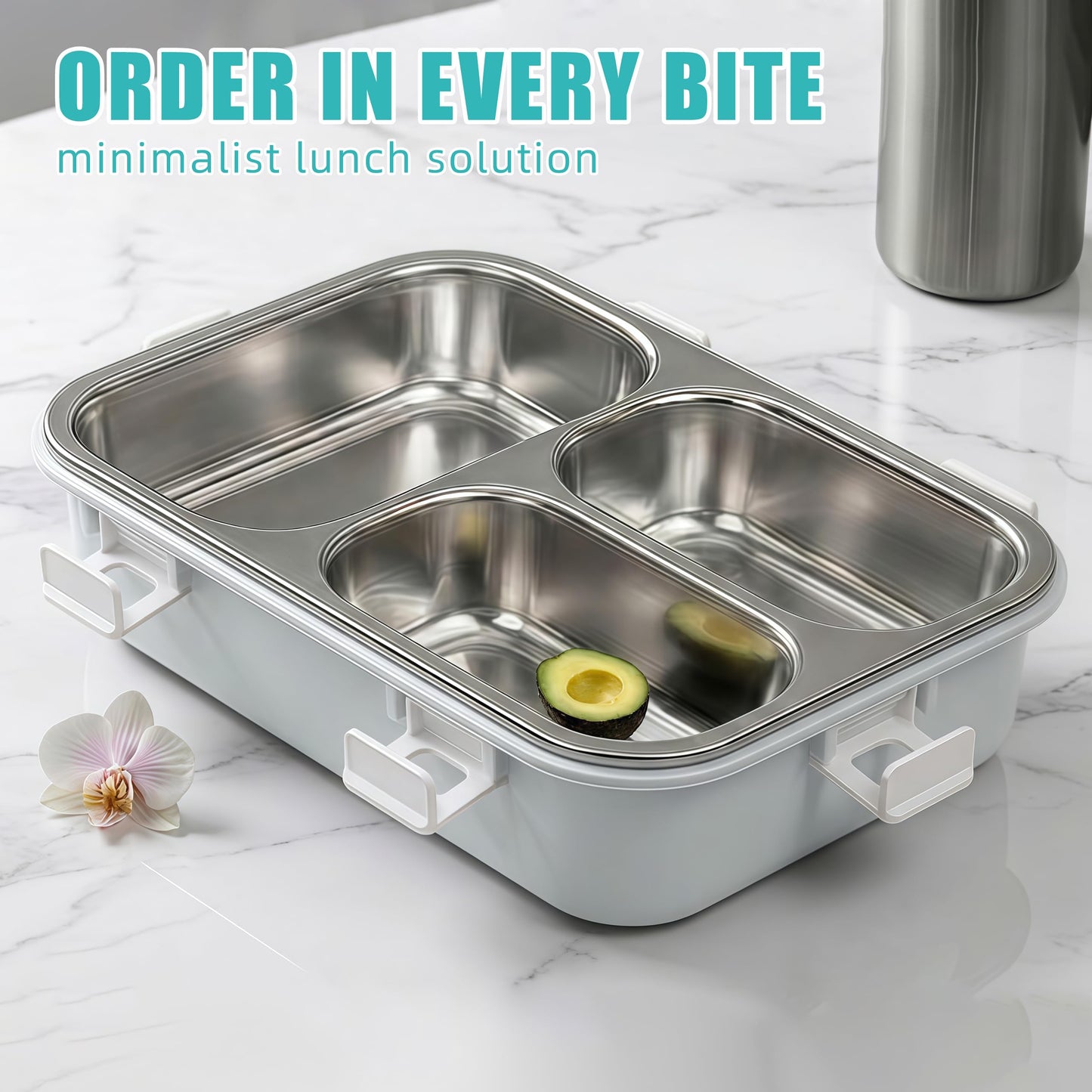 BSTUR Stainless Steel Bento Box for Adults, 3-Compartment Meal Prep Lunch Container with Bottom Tray & Cutlery, Portable for Work, Gym & Travel – Grey