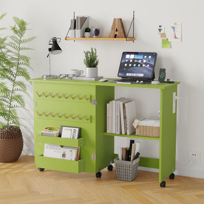 Folding Sewing Machine Table with Charging Station, Rolling Craft Table with Lockable Wheels, Storage Trays & Shelf, Pegs, Magnetic Locks, Foldable Sewing Machine Cabinet Desk for Small Spaces, Green