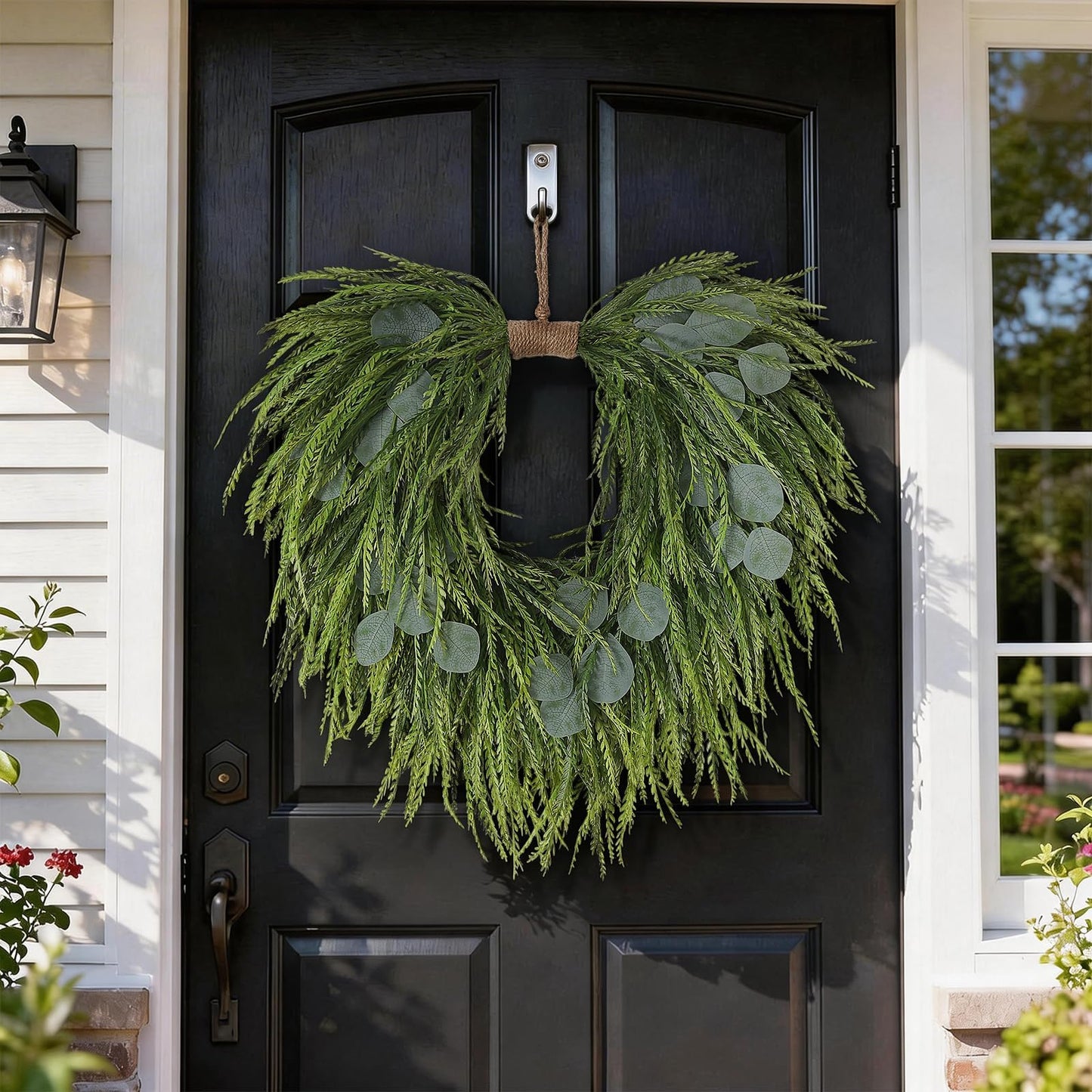 Artificial Saw Grass & Eucalyptus Wreath for Front Door, 22" Faux Saw Grass Fake Eucalyptu Greenery Hanging Heart Shaped Wreath for Wall, Farmhouse, Window,Home Decor | Spring Summer