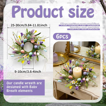 6 Pcs Easter Small Candle Rings Wreaths Mini Pillar Candle Holder Wreath with Eggs and Flowers Artificial Spring Yellow Berries Wreath for Home Kitchen Front Door Window Porch Wall Table Cnterpieces
