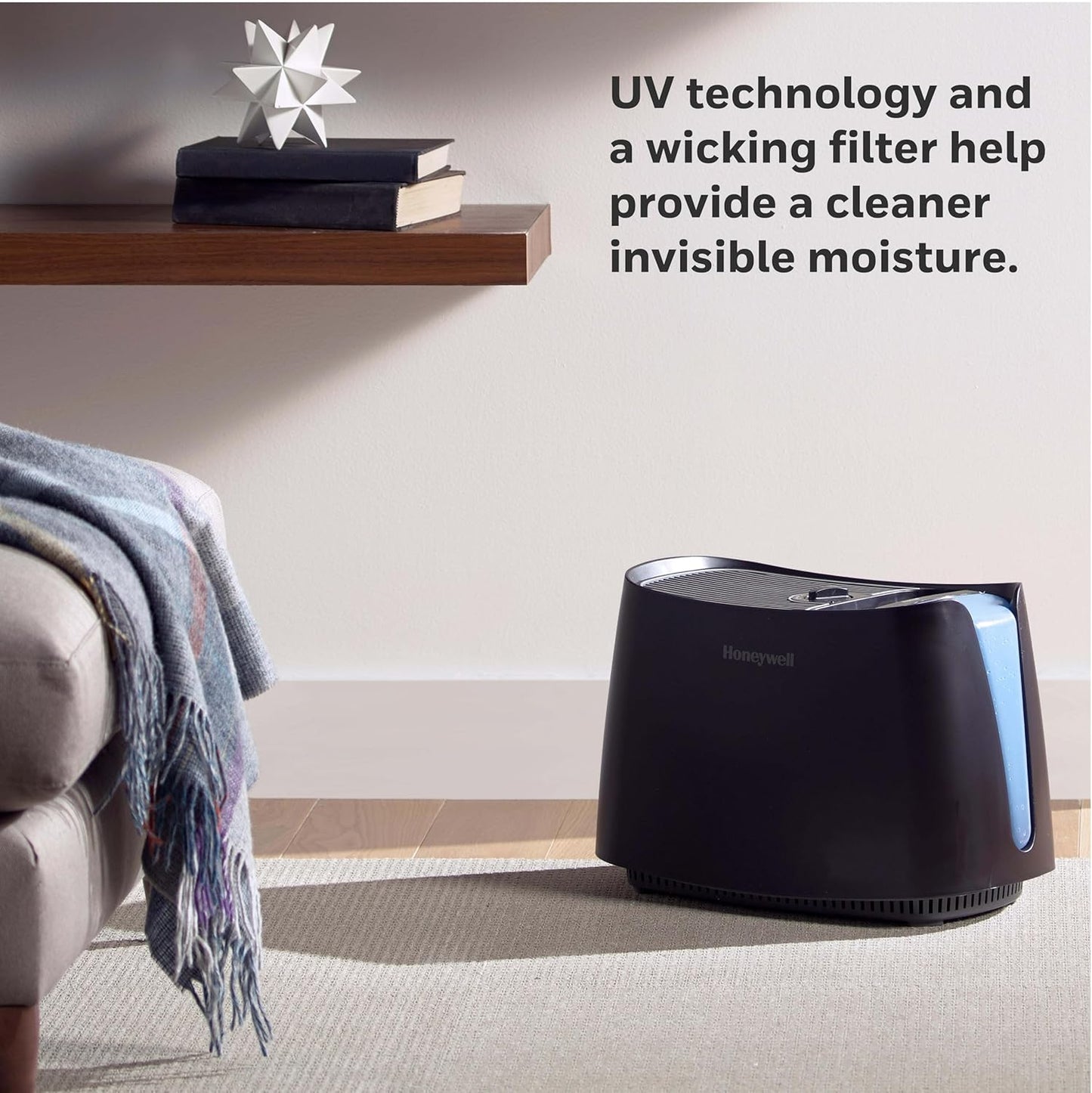 Honeywell Cool Moisture Humidifier For Bedroom, Medium Rooms, 1.1 Gallon, Invisible Moisture Humidifier for Baby, Kids, Quiet, Easy to Clean, UV Technology, Black, HCM350B