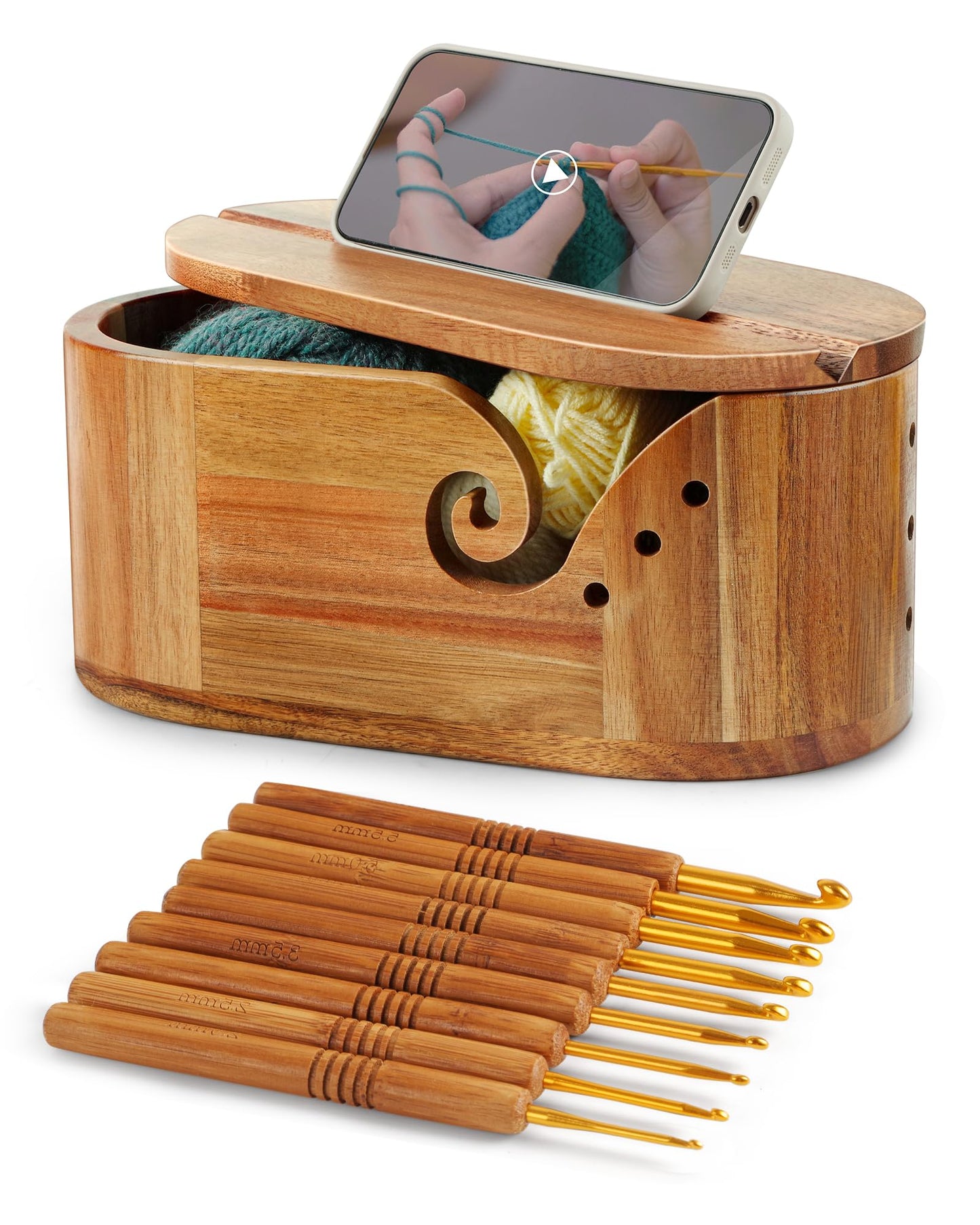Oval Yarn Bowl, Crochet Yarn Holder with 9pcs Knitting Hooks, Yarn Storage Crochet Bowl Knitting Gift for Crocheters, Large Yarn Bowl Acacia Wooden 11.3x5.9x4.7inch (Acacia Yarn Bowl with Lid)