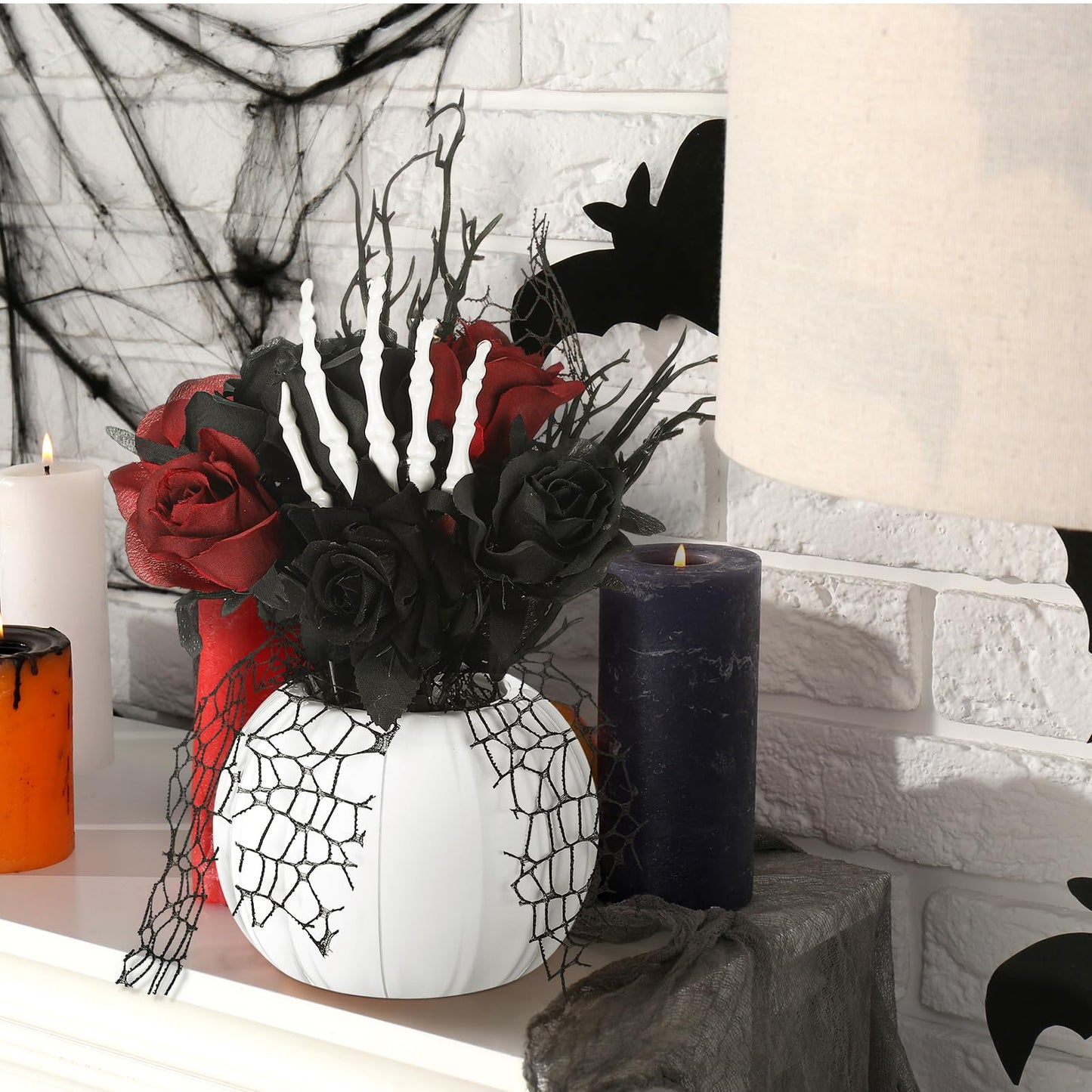 Chuangdi Halloween Table Centerpieces Decorations Halloween Table Artificial Flowers Decor Gothic Skeleton Hand with Black Red Fake Roses Removable Pumpkin Vase for Party Dining Photo Props
