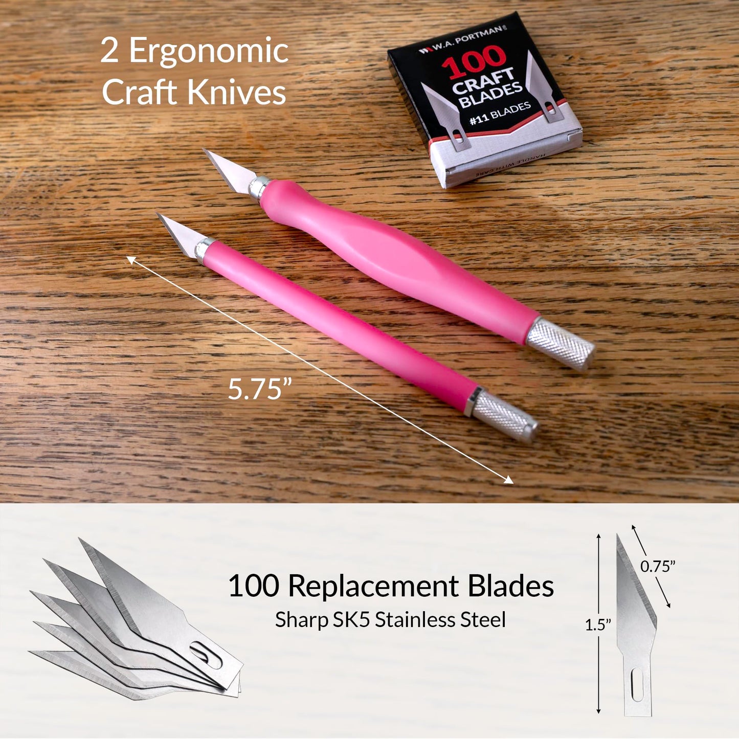 WA Portman 2-Piece Pink Craft Knife Set – Sharp, Durable Hobby Knife Set with Comfort Grip & 100#11 Craft Blades for Precision Cutting, DIY, and Crafting Projects