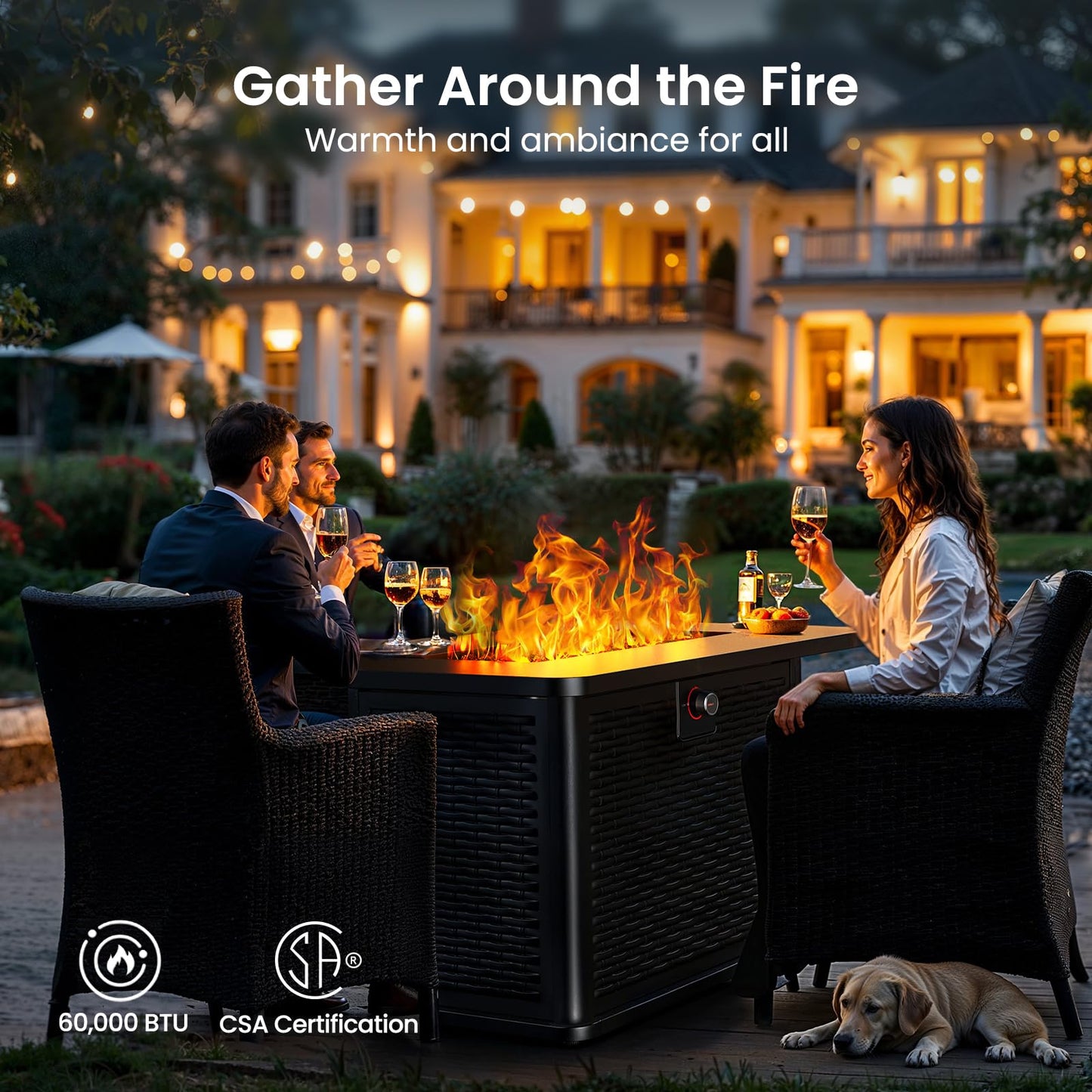Ciays 43-Inch Rectangular Propane Fire Pit with 60,000 BTU Output, Gas with Cover and Rocks, Table CSA-Certified 2 in 1Table Gatherings Parties with 304 Stainless Steel H-Burner