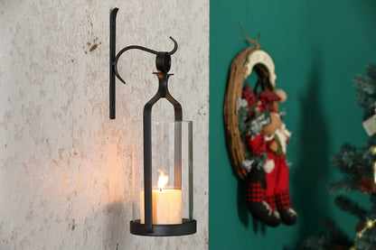 Souliron Hanging Hurricane Glass Wall Sconce Candle Holder Black Metal Wall Decorations Set of 2 HLJ15-291B2