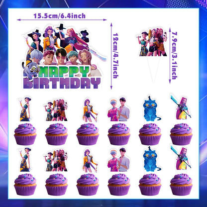 Korean Idol Demon Movie Hunters Birthday Party Decorations, 25 Piece Cake and Cupcake Toppers Set, Cartoon Animation Theme for Kids Birthday Celebrations