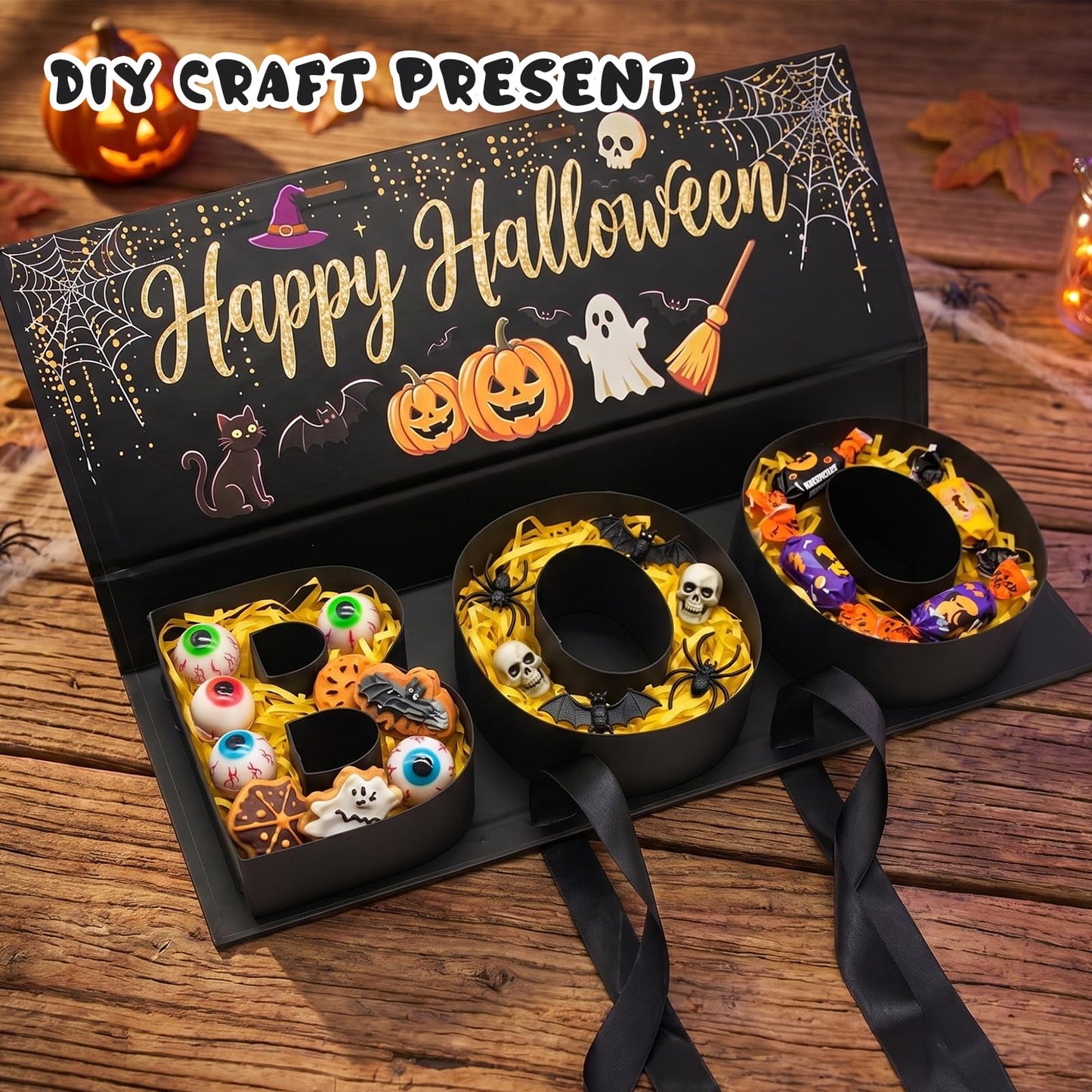 Halloween Candy Gift Box, BOO Letter Shaped DIY Fillable with Ribbon Raffia