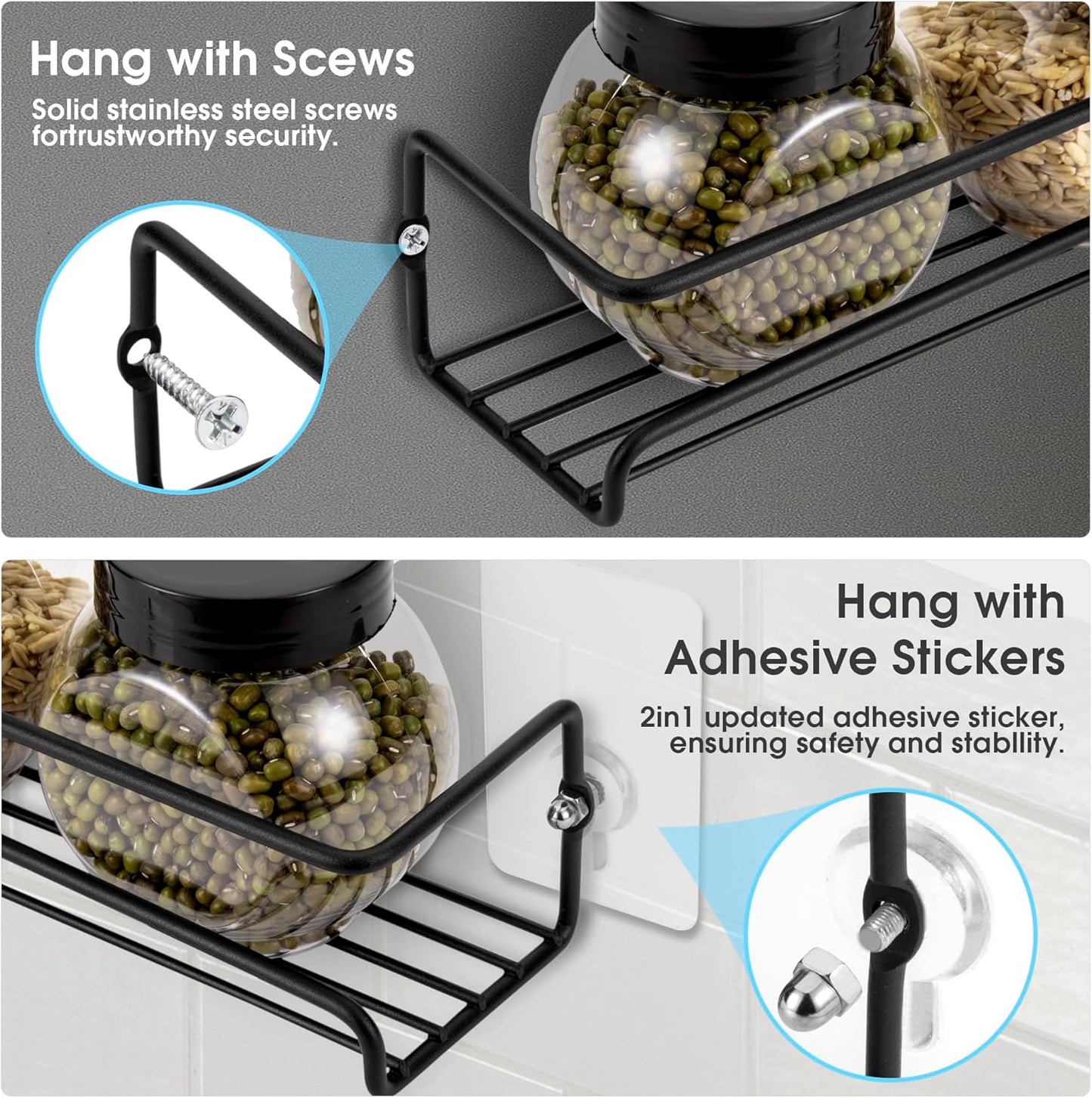 ROFAY 4 Pack Spice Rack Organiser, Wall Mounted Tier Shelf with Adhesive Sticker & Screws for Spices, Herbs, Jars