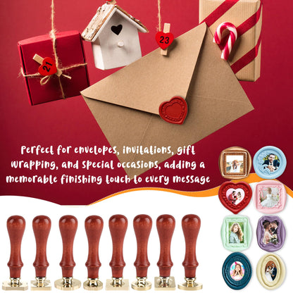 8 Set Frame Wax Seal Stamp Kit 8 Pcs Brass Wax Seal Head 8 Pcs Wood Handle Vintage Photo Frame Stamp for Wedding Invitations Scrapbooking Letters