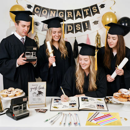Pajean 2026 Graduation Guest Book Set with Photo Guest Book Sign Holder Dual Tip Pens Photo Corner Stickers Grad Cap Stickers for Congrats Grad Party Supplies Favors Gifts(Black Gold)