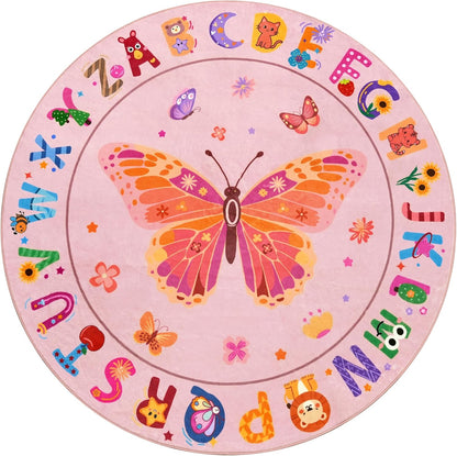 4ft ABC Kids Alphabet Round Rug Washable Soft Circle Nursery Rug, Non-Slip Educational Carpet with Pink Butterfly