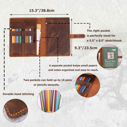 Leather Sketchbook Cover for 5.5" x 8.5" Sketchbook, Refillable A5 Full Grain Leather Artist Sketch Pad Cover with Pencil Holder and Storage Pocket, Handmade Travel Drawing Portfolio, Brown