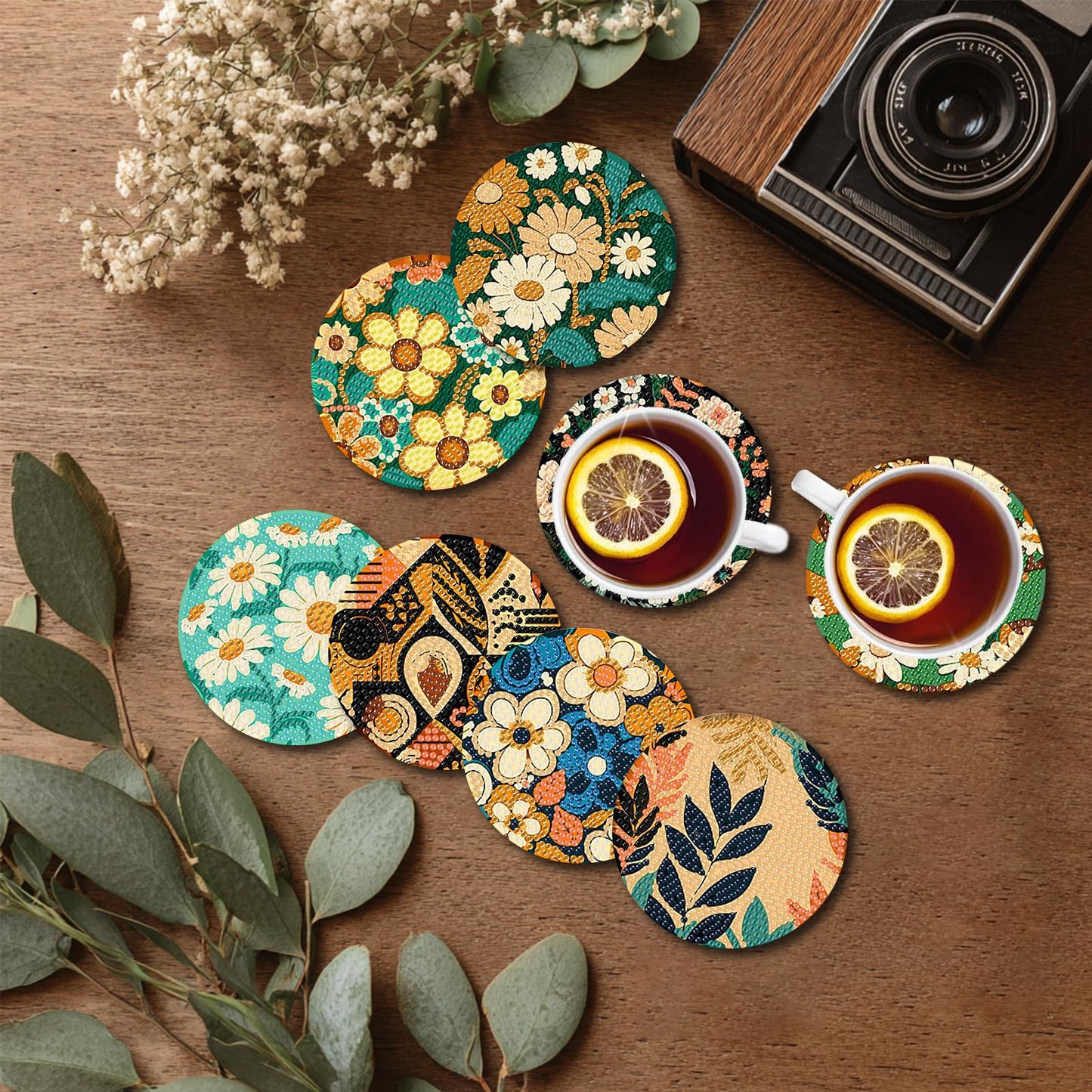 Reivworl 8 Pcs Flowers Diamond Art Coasters Kits, Flowers Diamond Art Kits for Adults, 5D Diamond Painting Coasters (4x4 Inch, with Holder Cork Pads)