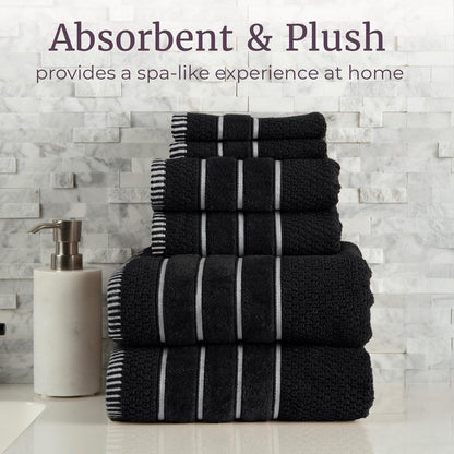Luxury Cotton Towel Set - Rice Weave 100% Egyptian Cotton 6 Piece Set with 2 Bath Towels, 2 Hand Towels and 2 Washcloths - Black