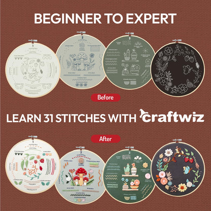 Craftwiz 4-Piece Starter Embroidery Kit for Beginners with Simple Patterns, Learn to Embroider 31 Stitches with Hand Embroidery Kit
