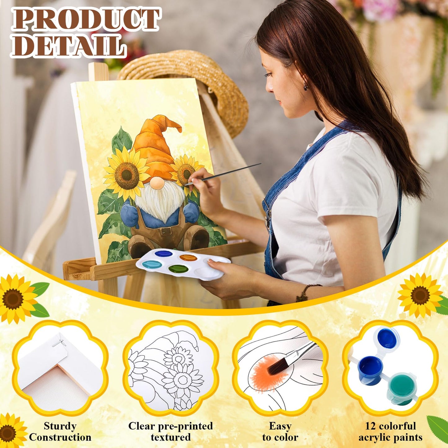 Humyoun 8 Sets 8" x 10" Sunflower Pre Drawn Canvas to Paint for Sip and Paint Party Sunflower Predrawn Coloring Set Pre Sketched Canvas Boards with Paints and Brushes for Adult