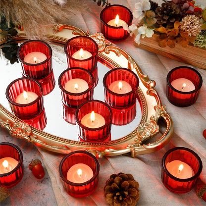 Mumufy 100 Pcs Glass Tealight Candle Holder Ribbed Votive Candle Holder for Centerpiece Wedding Proposal Spa Aromatherapy Meditation Home Decor (Red)