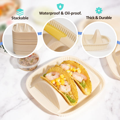 50-Pack Disposable Taco Plates for 2 Tacos - For Most 4-6 Inch Small Hard Shells - Biodegradable Cornstarch Holder Plates - Microwave Safe - Ideal for Fiesta, Bar, Party