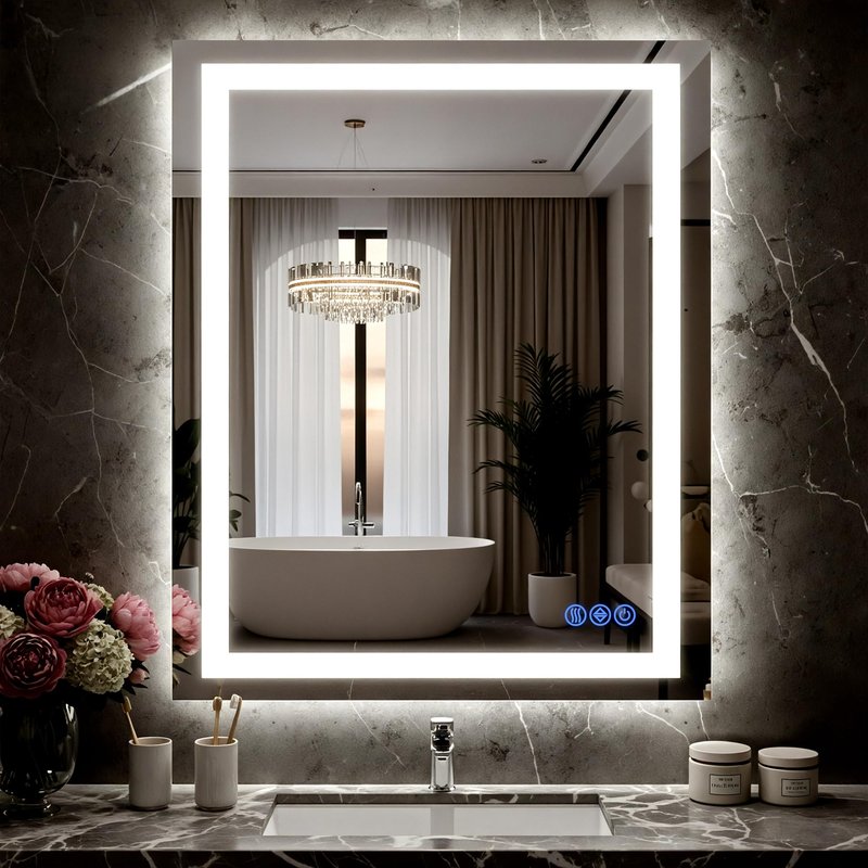 Bimno LED Bathroom Mirror with Lights 24"x32", Wall-Mounted Vanity Mirrors Front & Backlit Light Control Stepless Dimmable Anti-Fog Memory 3 Color Temperatures Shatter-Proof Tempered Glass
