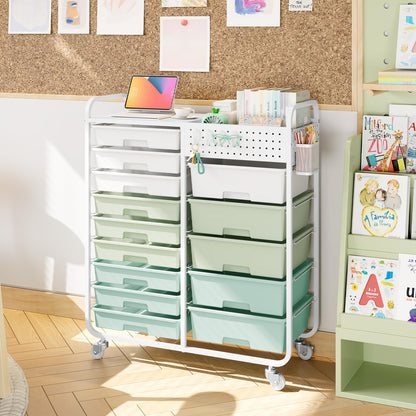 Rolling Storage Cart with 14 Drawers, Storage Organizer Cart with Tabletop and Pegboard,Utility Cart for Living Room, Classroom, Bedroom,Bathroom,Dorm,Office (Green)