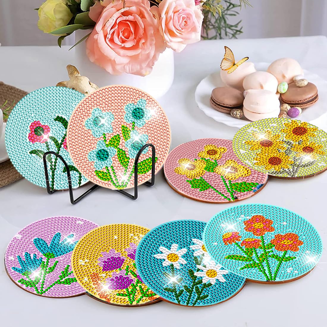 DOTZSO 8 Pcs Diamond Art Coasters Kit with Holder, Diamond Art Kits for Adults Beginners Small Diamond Painting Coasters, Arts and Crafts for Adults Supplies Item Sets (Flower)