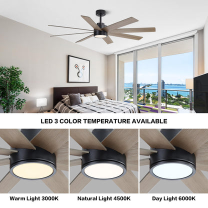 WINGBO 60" Large DC Ceiling Fans with Lights and Remote, 3 Downrods, 8 Plywood Blades, 6-Speeds Reversible DC Motor, 3CCT, Indoor Ceiling Fan for Bedroom Living Room Patio, Black and Gray