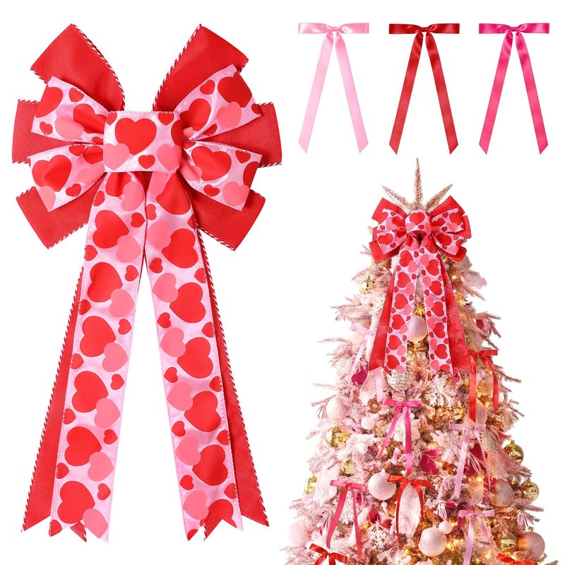 CEELGON Valentines Day Decorations Large Pink and Red Valentine Tree Topper Bow & 12 Pcs Long Satin Ribbon Bows Ornaments Wreath for Holiday Home Wall Decor