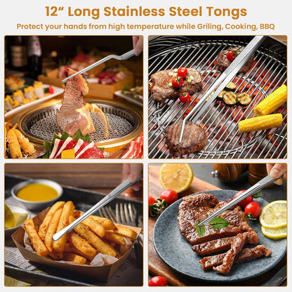 GEEKHOM Tweezer Tongs for Cooking, [4 Pack] 12-inch Fine Long Food Tongs, Stainless Steel Kitchen Tweezers for BBQ