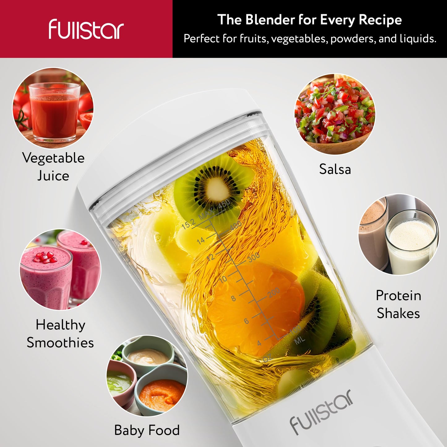 Fullstar Portable Blender for Smoothies and Shakes – 15 oz Mini Personal Travel Blender with Sipper Lid, Compact Smoothie Maker for Office, Home, and Kitchen (White)