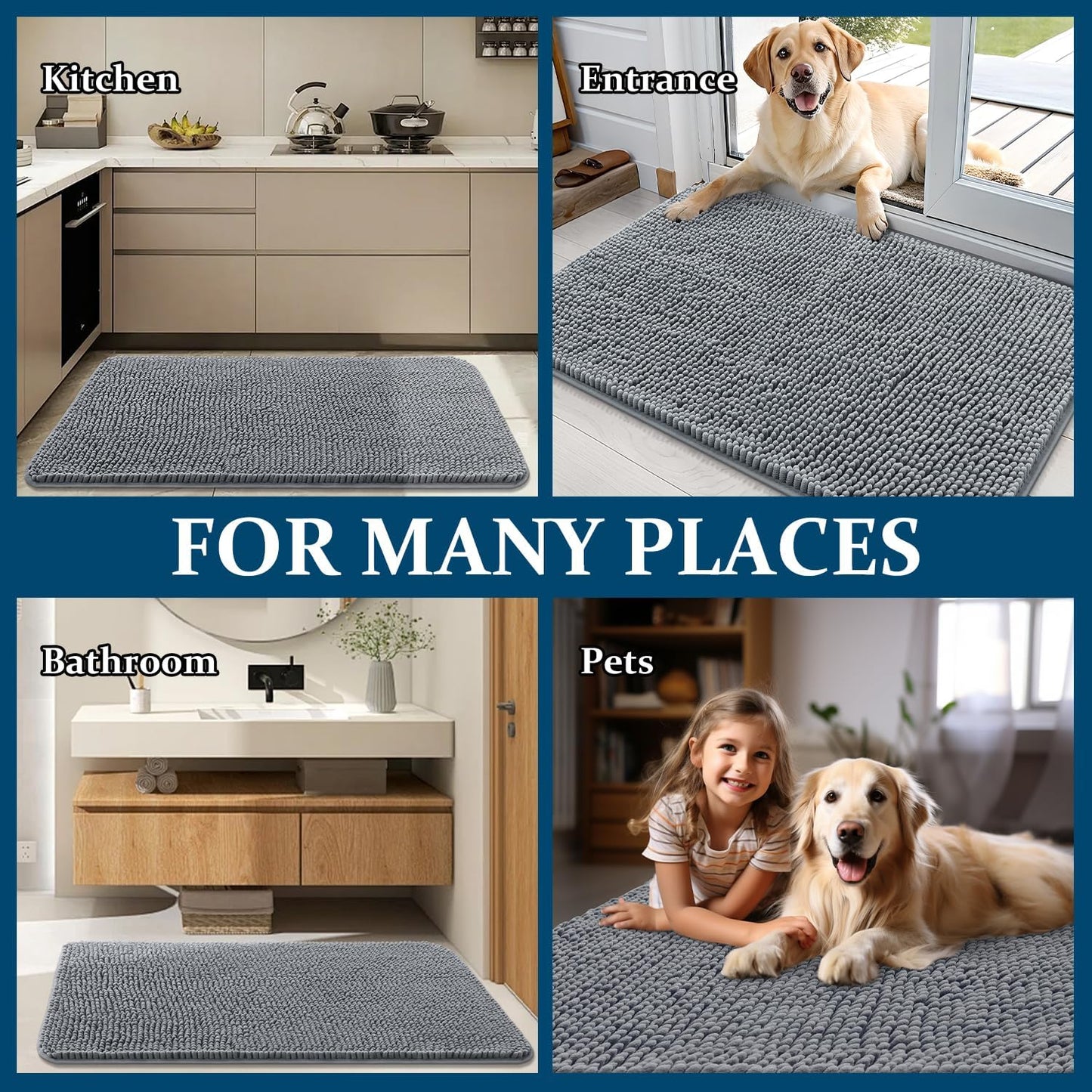 OLANLY Dog Door Mat Set - Absorbent Non-Slip Washable 4-Piece 30x20 Mud Mat | Quick Dry Chenille, Grey