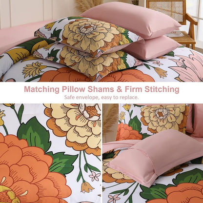 Djoymock Floral Comforter Set, Pink Orange Bedding Set Queen Size 7 Piece Boho Chic Flower Bed in a Bag Revesible Microfiber Winter Down Alternative Bed Set with Pillowcases & Shams,Sheets