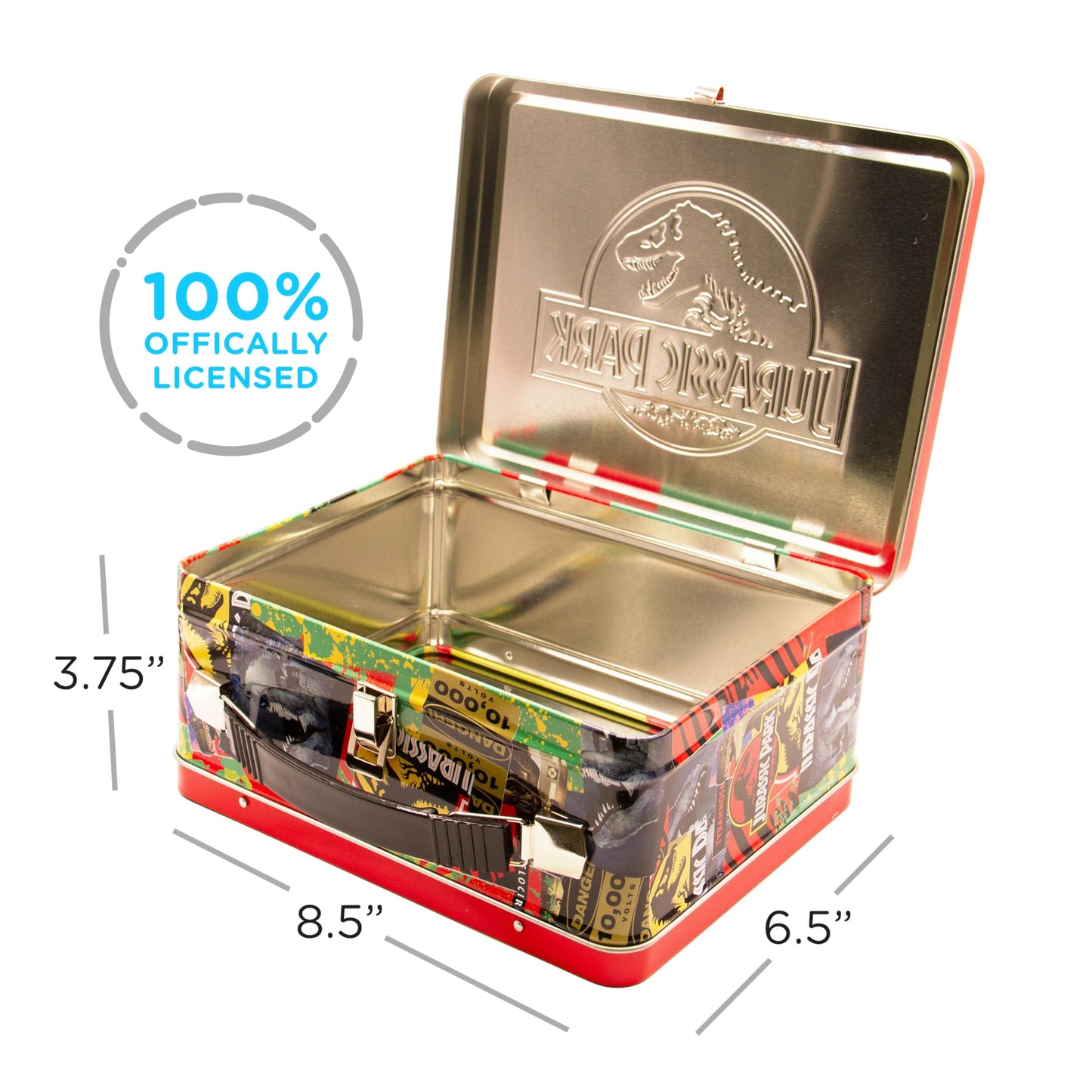 AQUARIUS Jurassic Park Fun Box - Sturdy Tin Storage Box with Plastic Handle & Embossed Front Cover - Officially Licensed Jurassic Park Merchandise & Collectible Gift (48289)